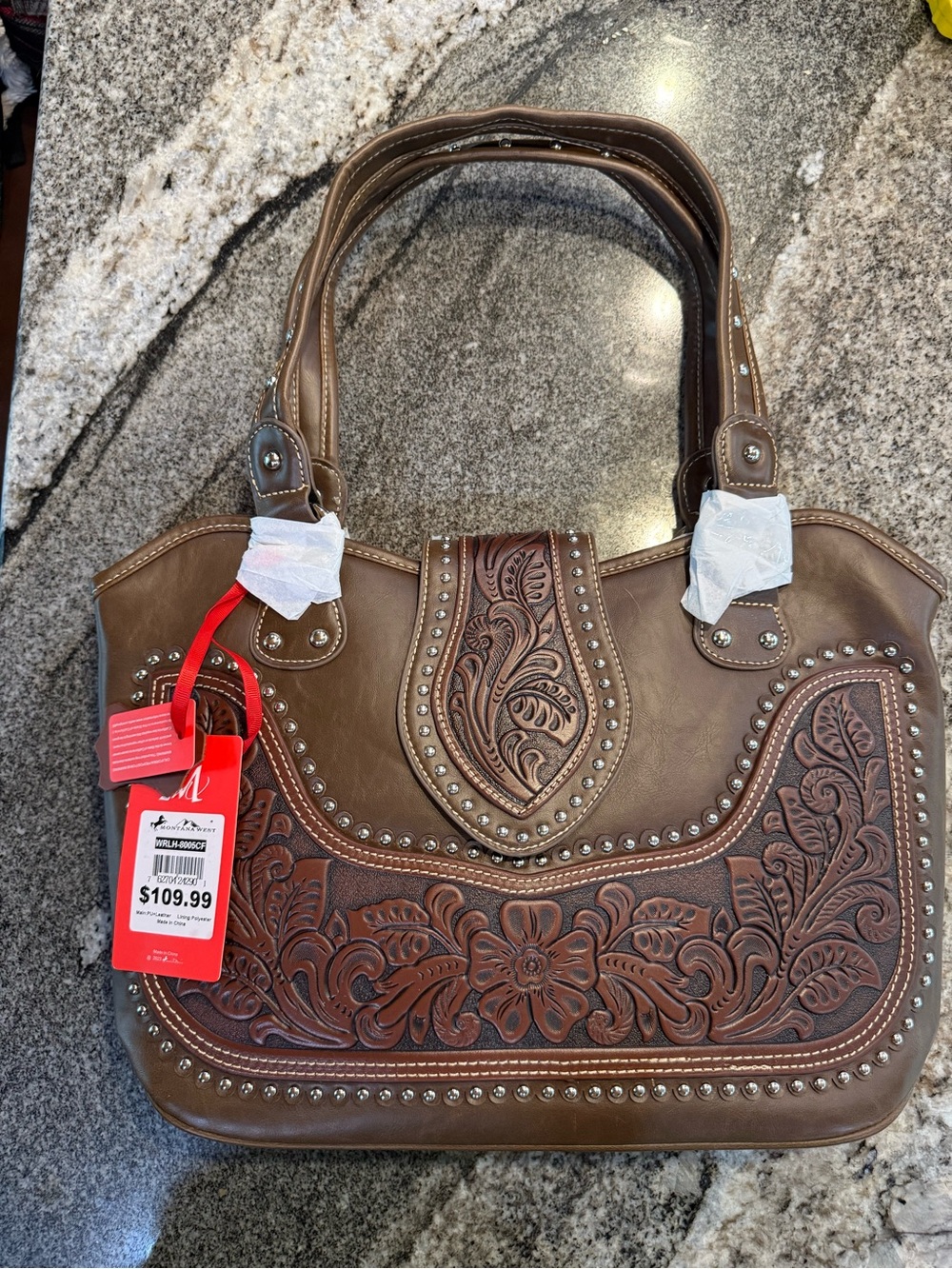 Montana West Brown Tooled Floral Shoulder Bag with Stud Accents